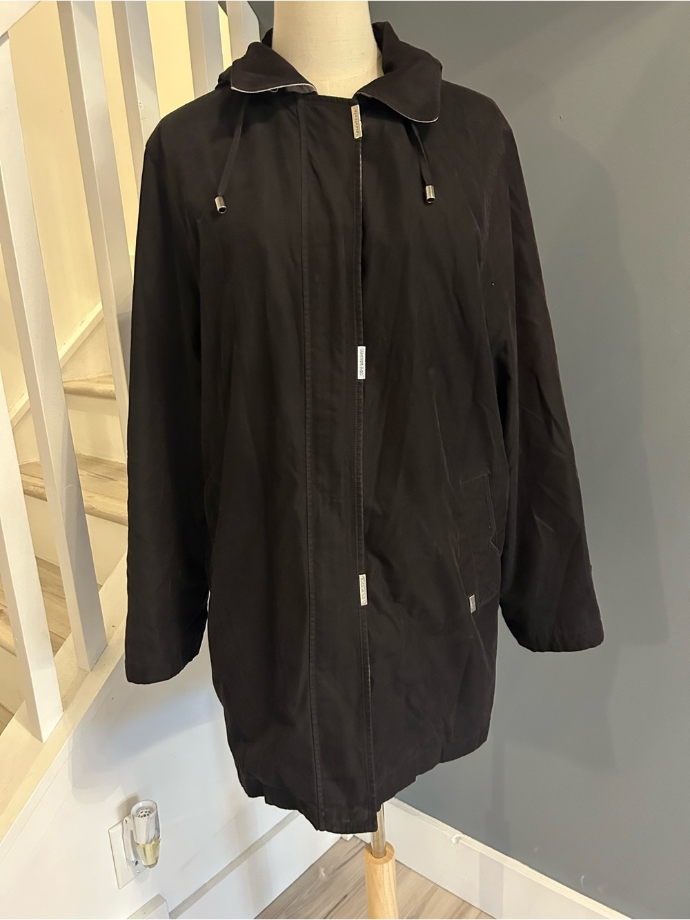 London Fog Black Hooded Raincoat Iconic Brand Capsule Wardrobe Piece